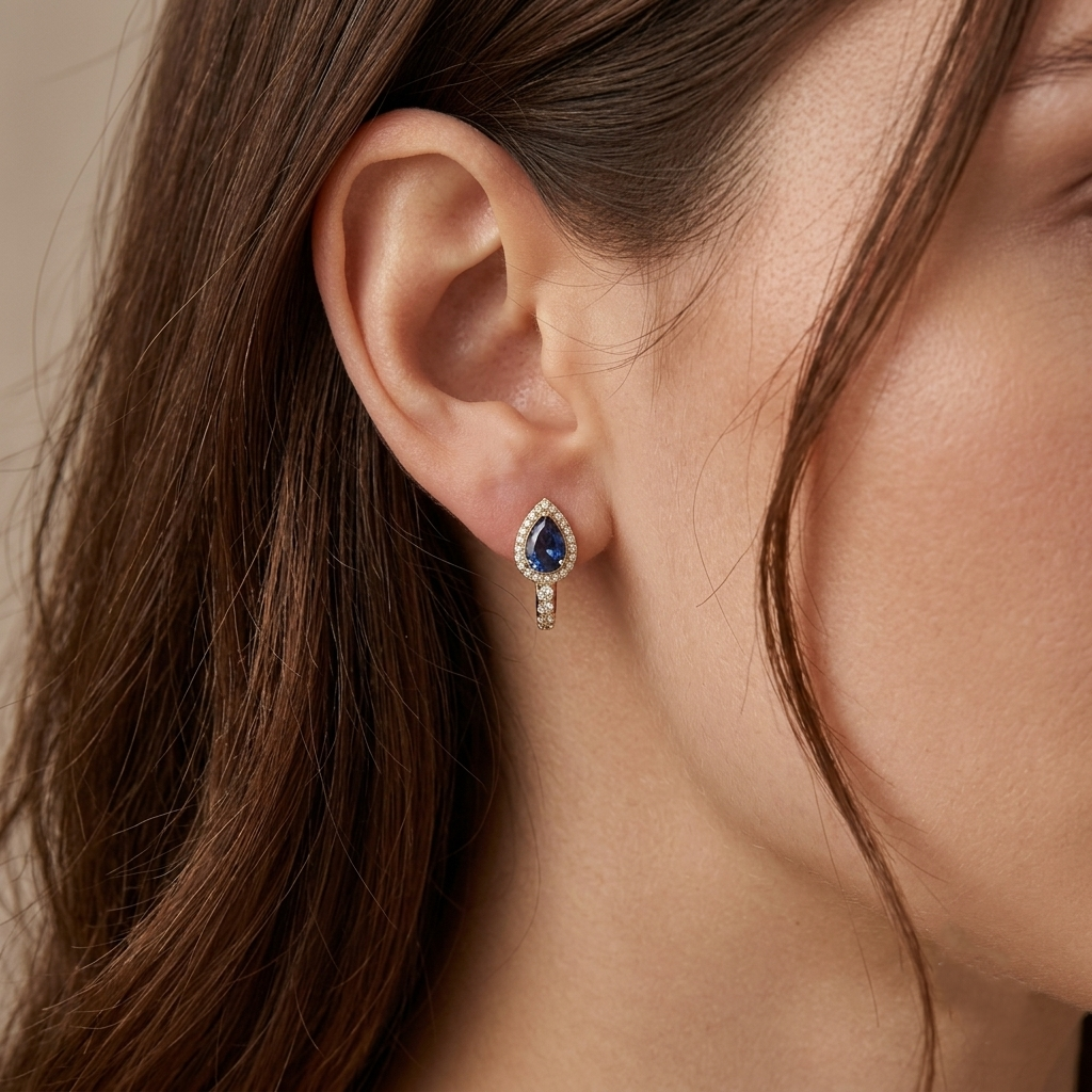 Life Stone natural blue sapphire earring in 925 sterling silver with gold rhodium plating and diamond accents