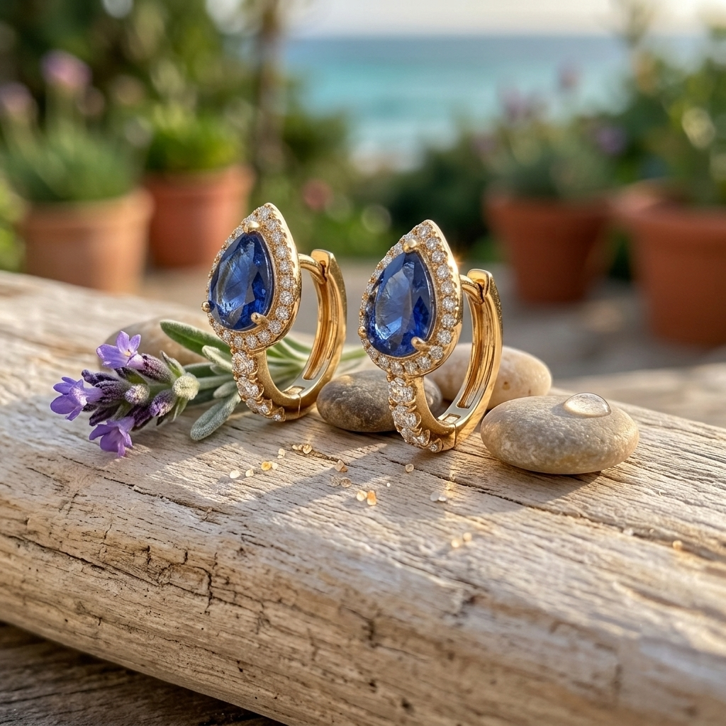 Life Stone natural blue sapphire earring in 925 sterling silver with gold rhodium plating and diamond accents