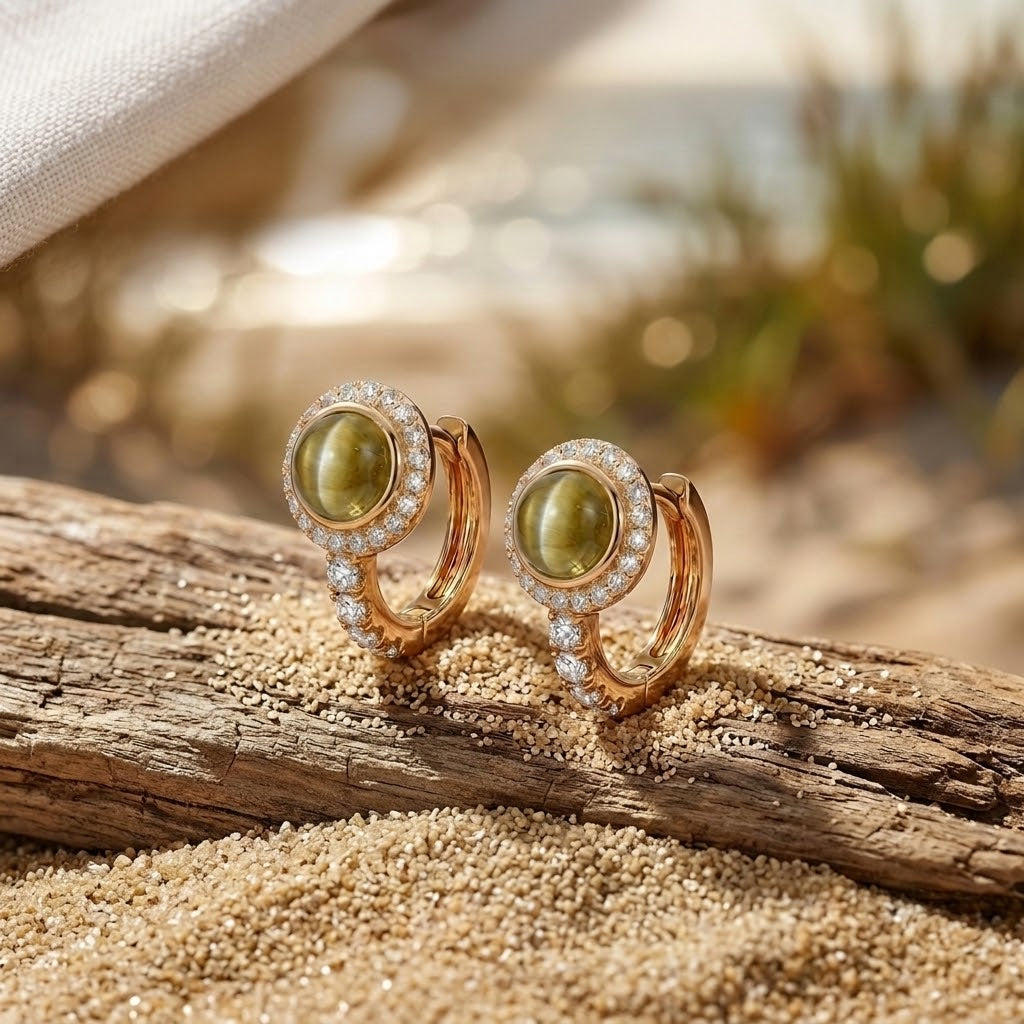 A pair of gold hoop earrings with oval green cabochon stones and diamond accents, displayed on a piece of driftwood over sand with a blurred beach background.