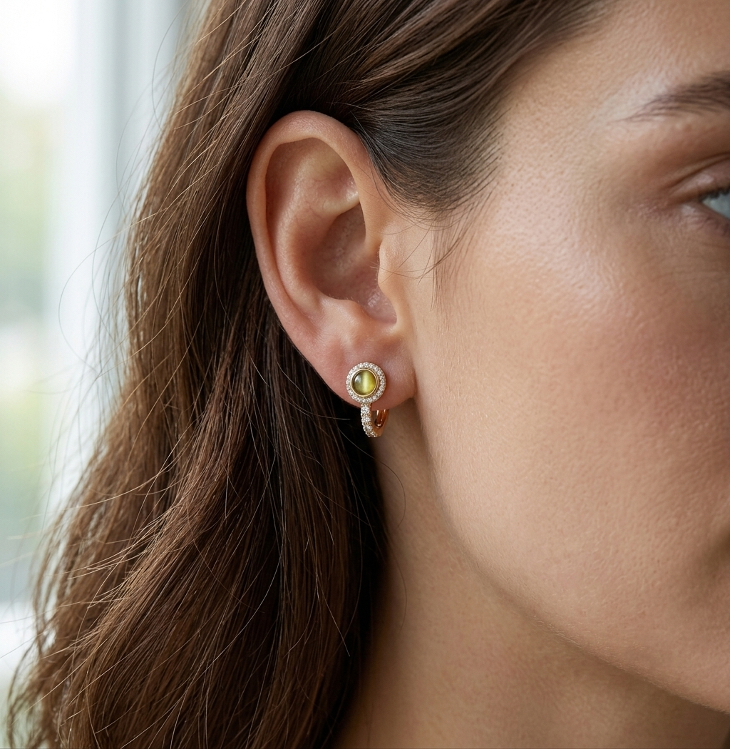 A close-up of a woman's ear wearing a small gold huggie hoop earring with a round yellow-green gemstone surrounded by a halo of small clear stones.