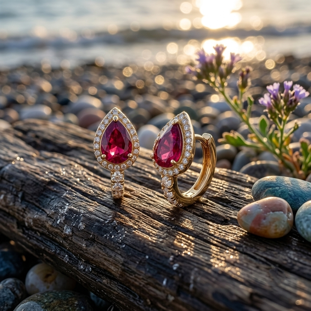 Life Stone natural ruby earring in 925 sterling silver with gold rhodium plating and diamond accents