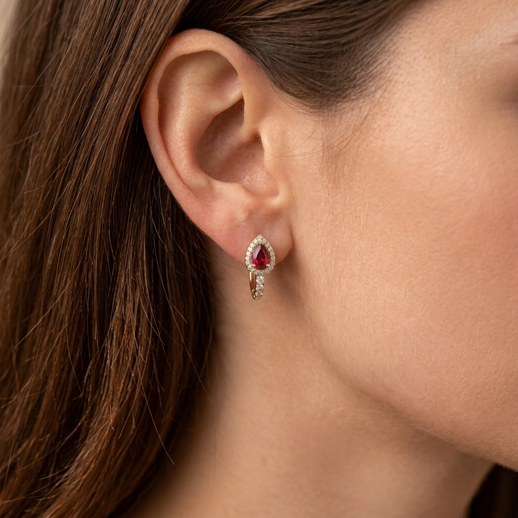 Life Stone natural ruby earring in 925 sterling silver with gold rhodium plating and diamond accents