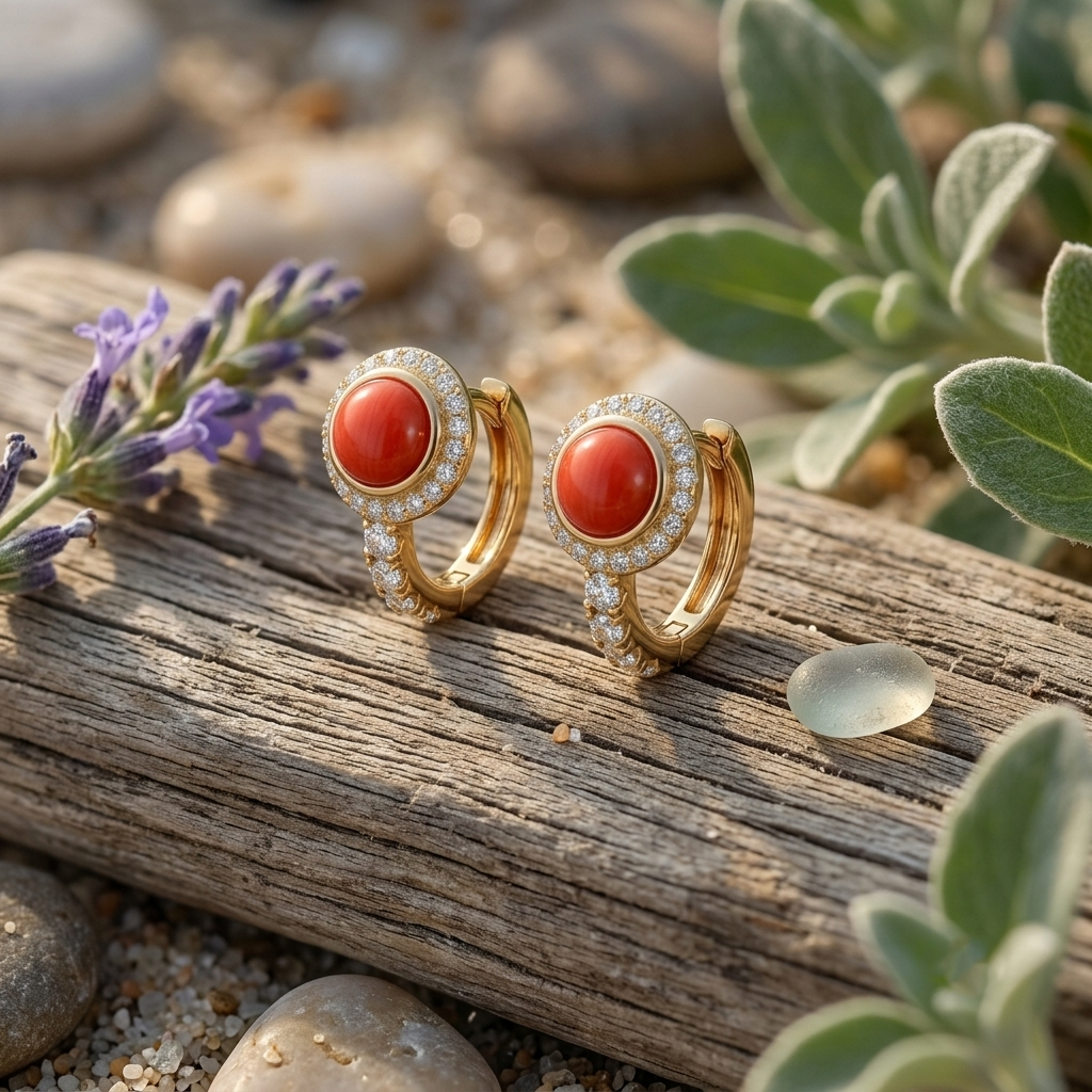 A pair of gold huggie hoop earrings with round coral-red center stones and clear pavé accents, displayed on a weathered log with sea glass, purple lavender, and green leaves in the background.