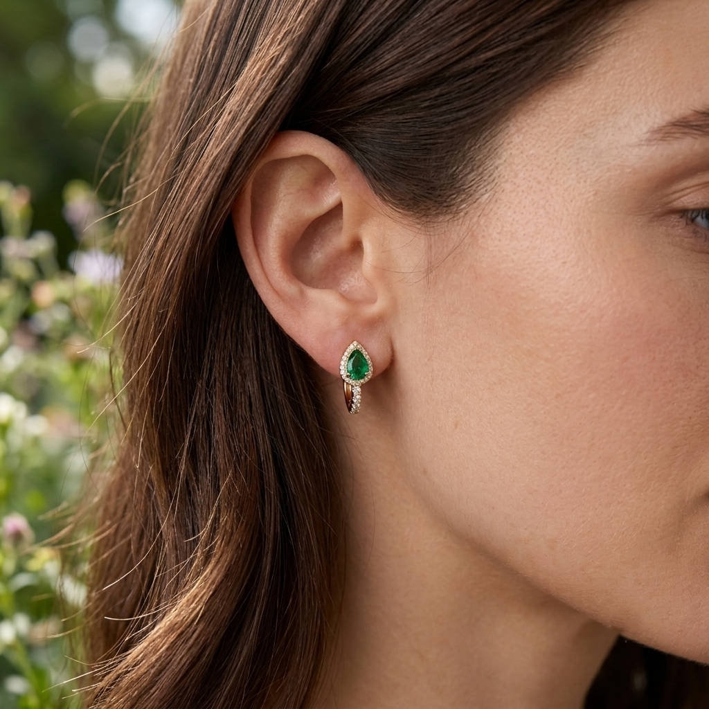 Life Stone natural emerald earring in 925 sterling silver with gold rhodium plating and diamond accents