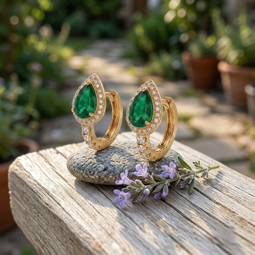 Life Stone natural emerald earring in 925 sterling silver with gold rhodium plating and diamond accents