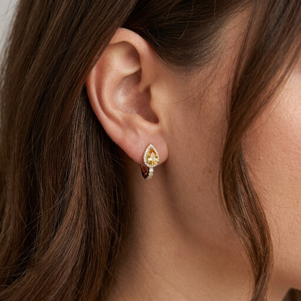 Life Stone natural yellow sapphire earring in 925 sterling silver with gold rhodium plating and diamond accents