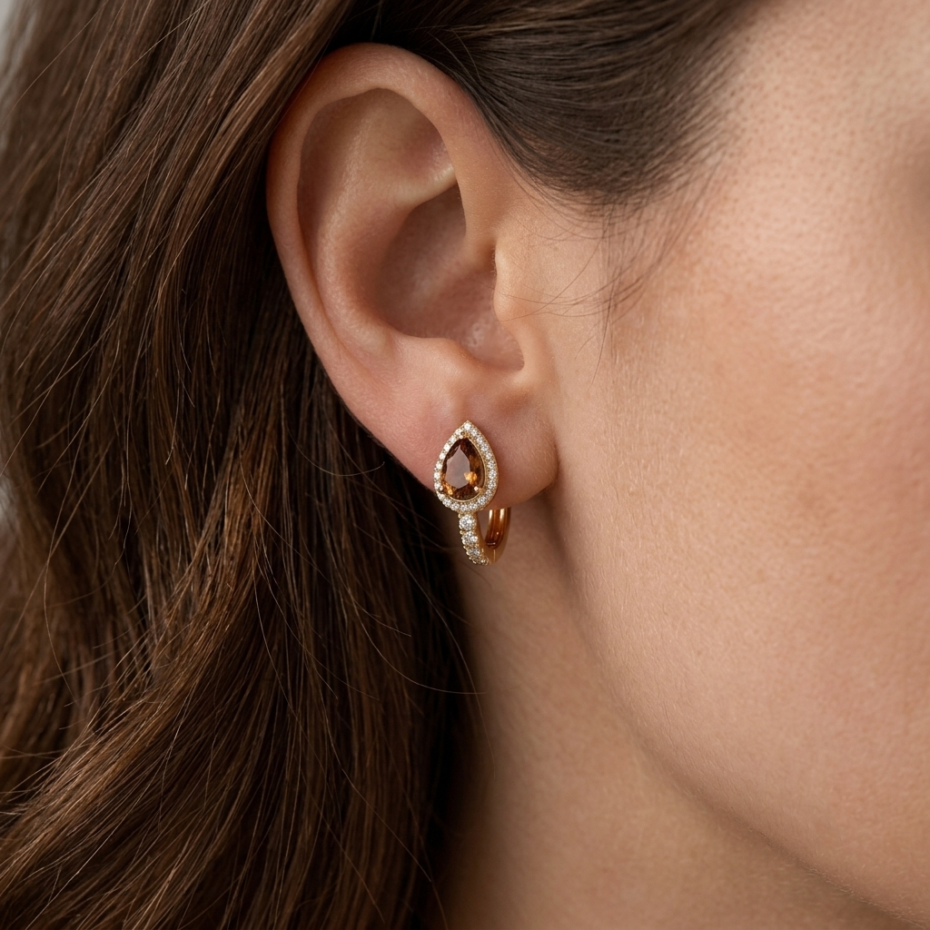 Life Stone natural hessonite earring in 925 sterling silver with gold rhodium plating and diamond accents