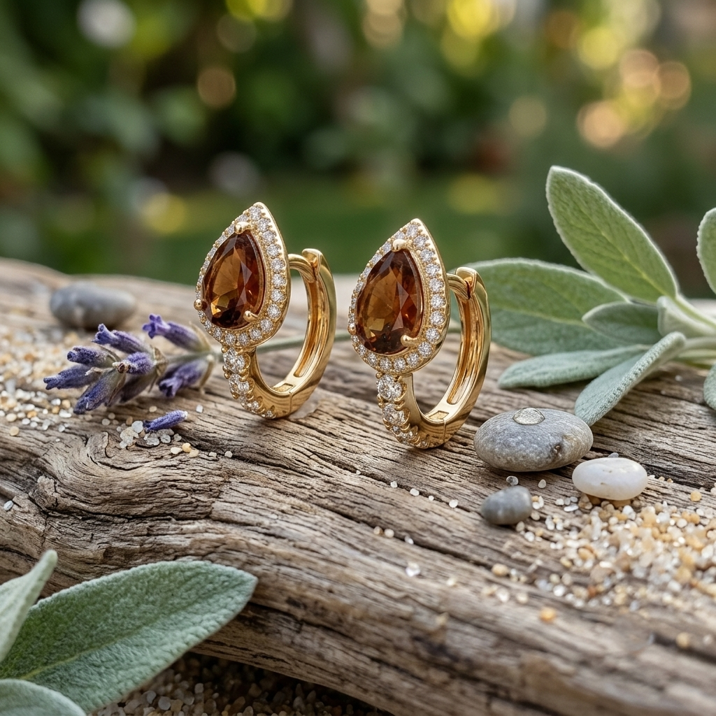 Life Stone natural hessonite earring in 925 sterling silver with gold rhodium plating and diamond accents