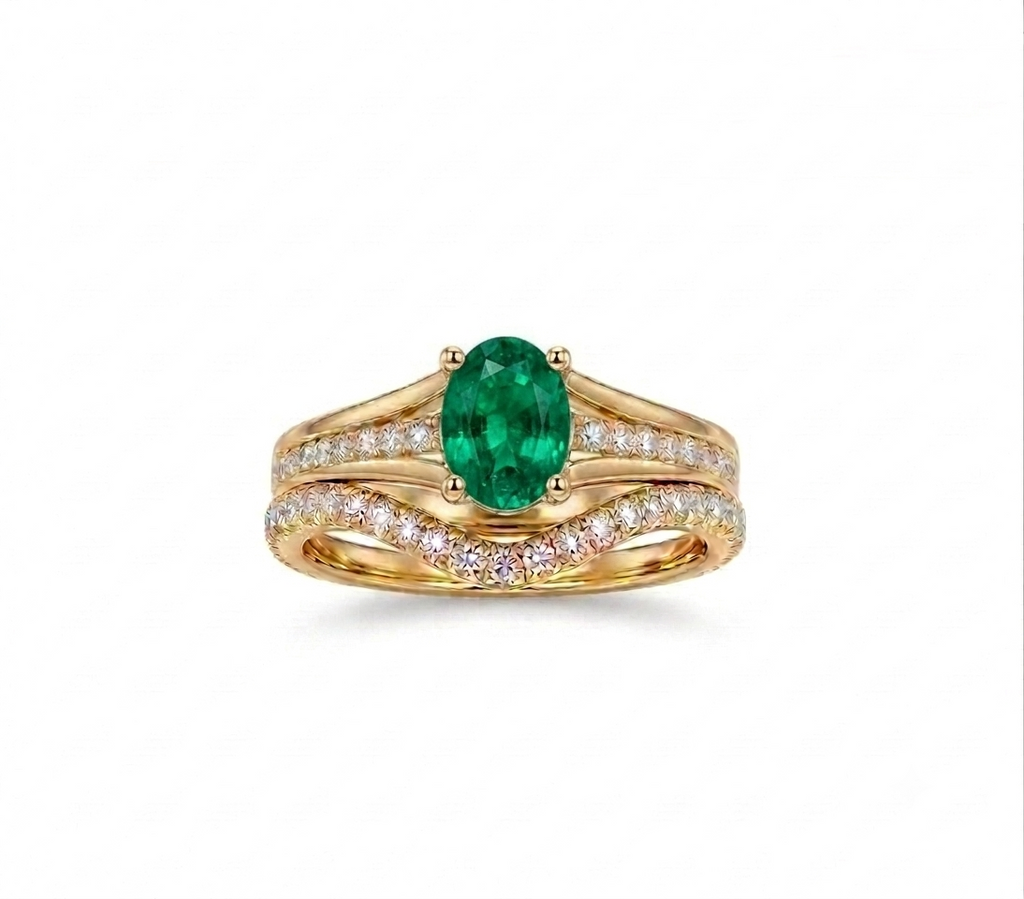 Life Stone natural emerald ring in 925 sterling silver with gold rhodium plating and diamond accents