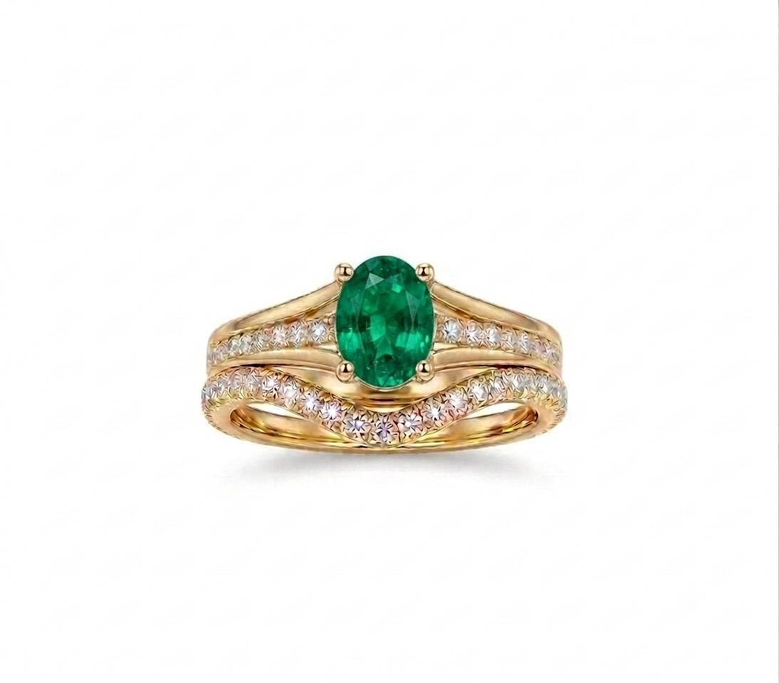 Life Stone natural emerald ring in 925 sterling silver with gold rhodium plating and diamond accents
