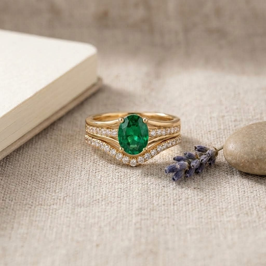 Life Stone natural emerald ring in 925 sterling silver with gold rhodium plating and diamond accents