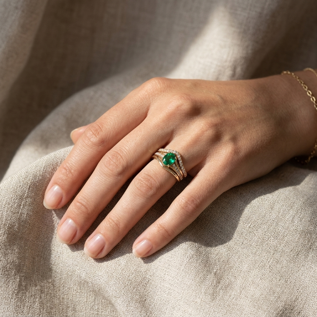 Life Stone natural emerald ring in 925 sterling silver with gold rhodium plating and diamond accents