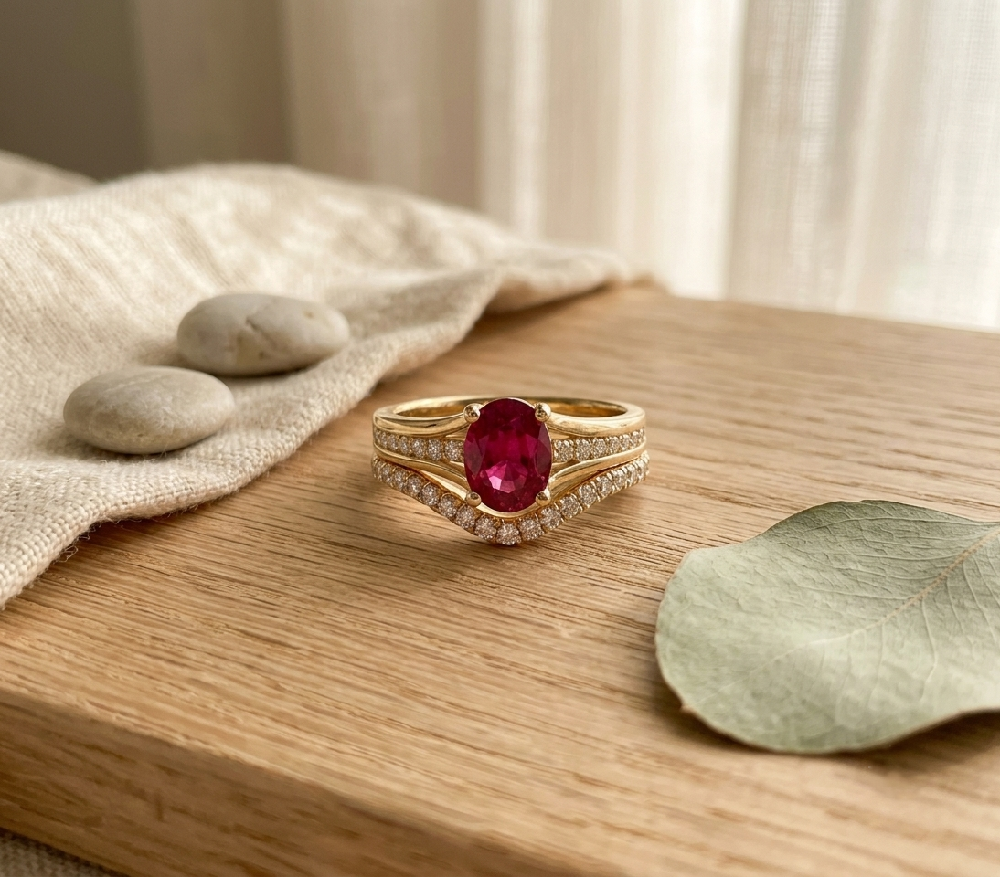 Life Stone natural ruby ring in 925 sterling silver with gold rhodium plating and diamond accents
