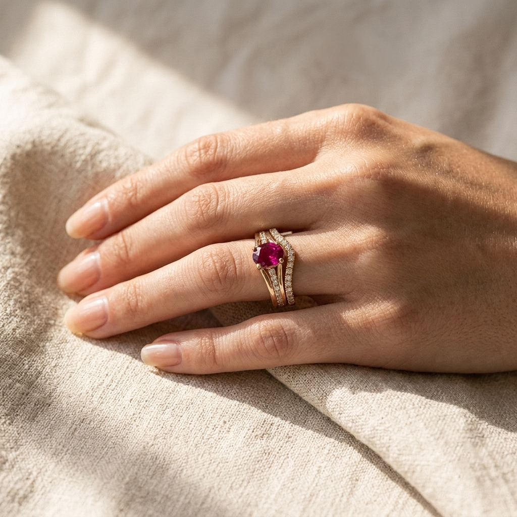 Life Stone natural ruby ring in 925 sterling silver with gold rhodium plating and diamond accents