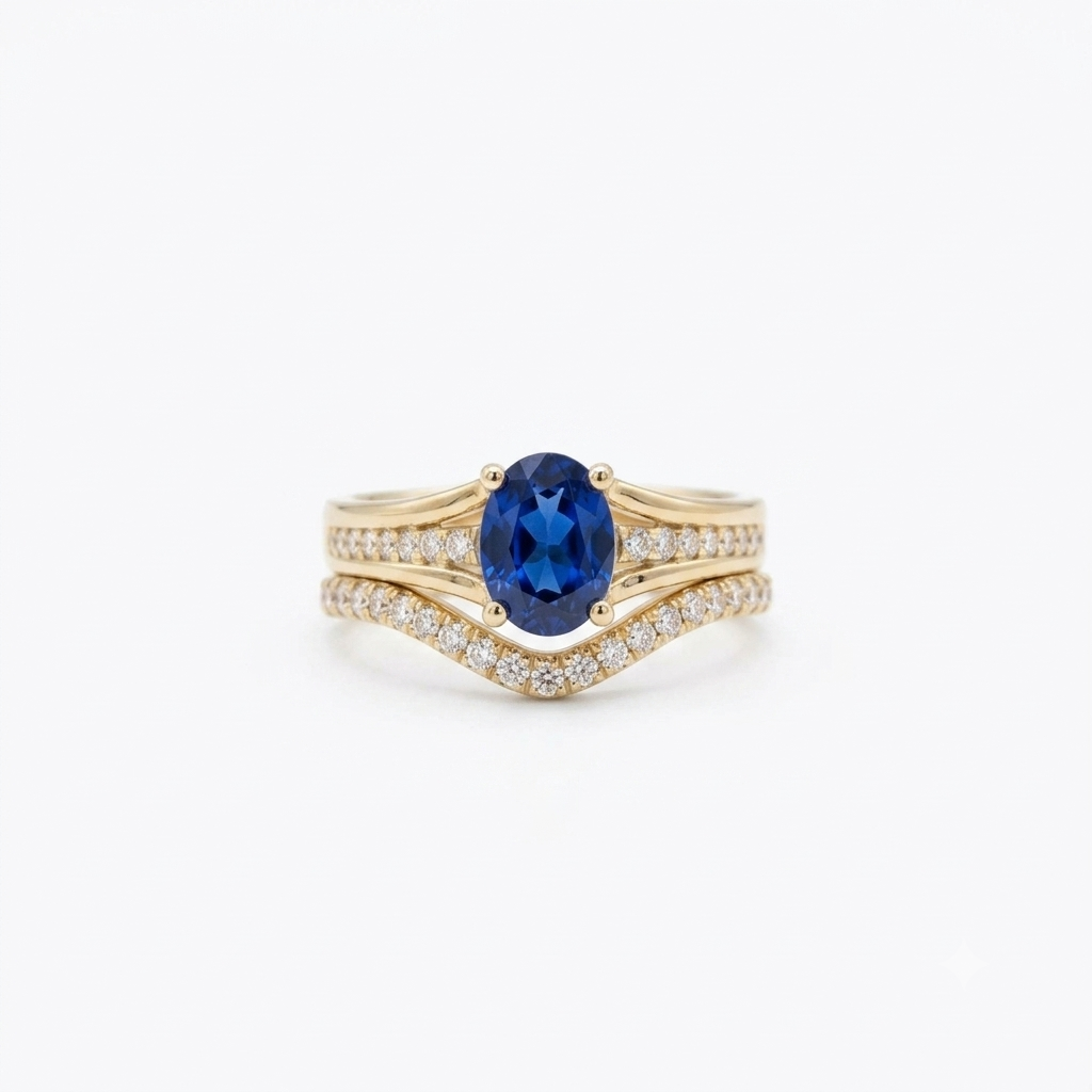 Life Stone natural blue sapphire ring in 925 sterling silver with gold rhodium plating and diamond accents