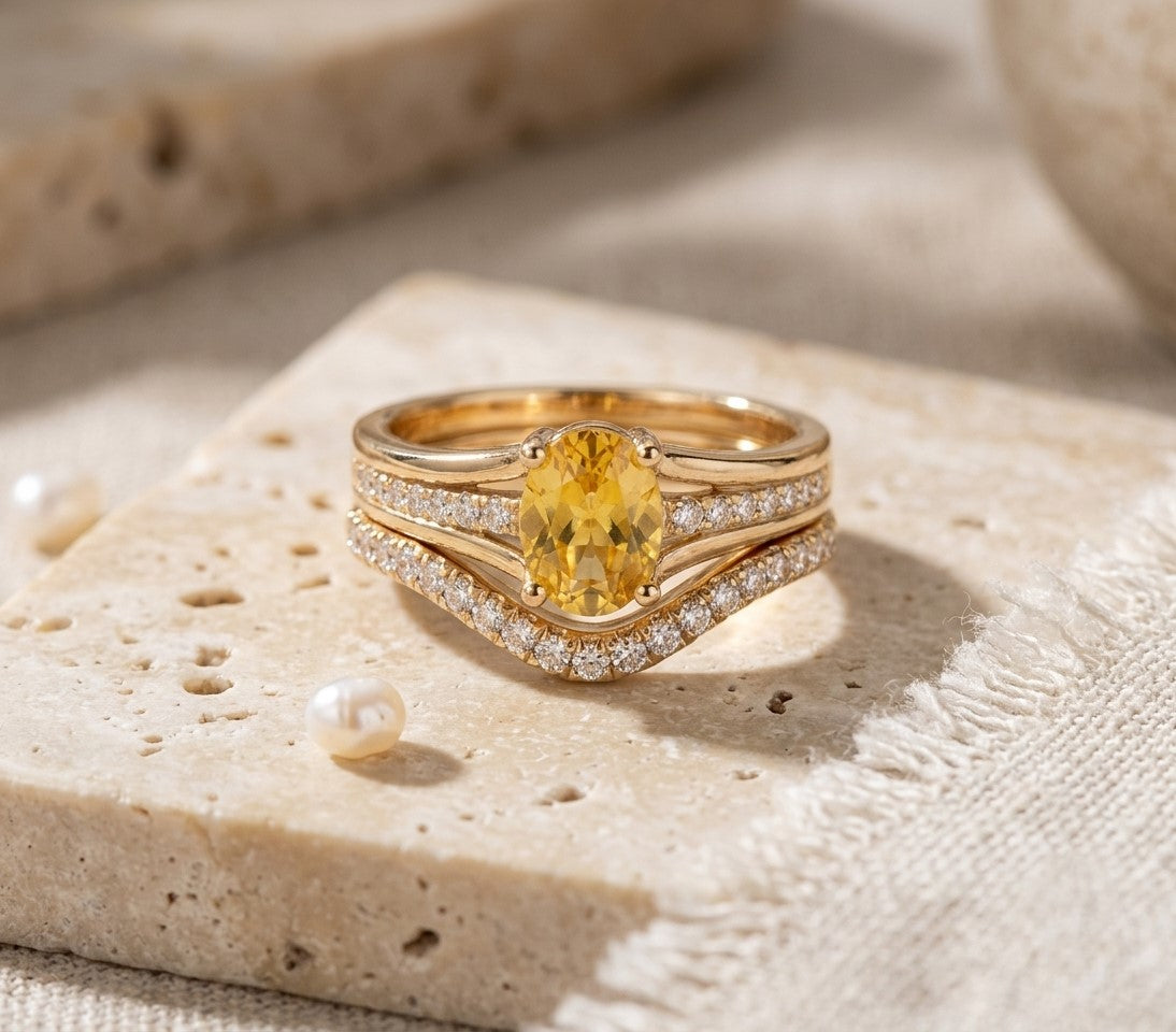 Life Stone natural yellow sapphire ring in 925 sterling silver with gold rhodium plating and diamond accents