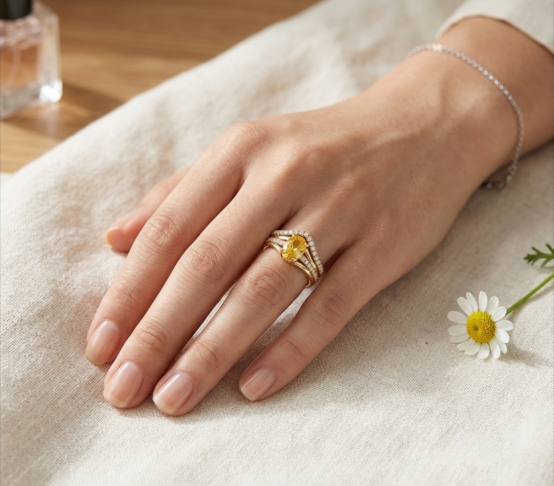 Life Stone natural yellow sapphire ring in 925 sterling silver with gold rhodium plating and diamond accents