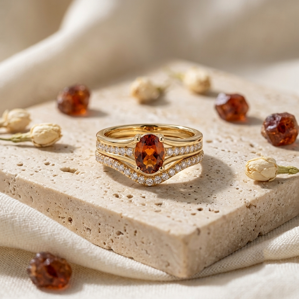 Life Stone natural hessonite ring in 925 sterling silver with gold rhodium plating and diamond accents