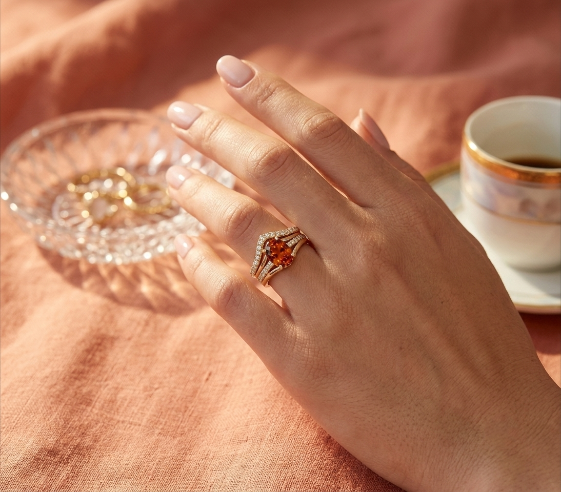 Life Stone natural hessonite ring in 925 sterling silver with gold rhodium plating and diamond accents
