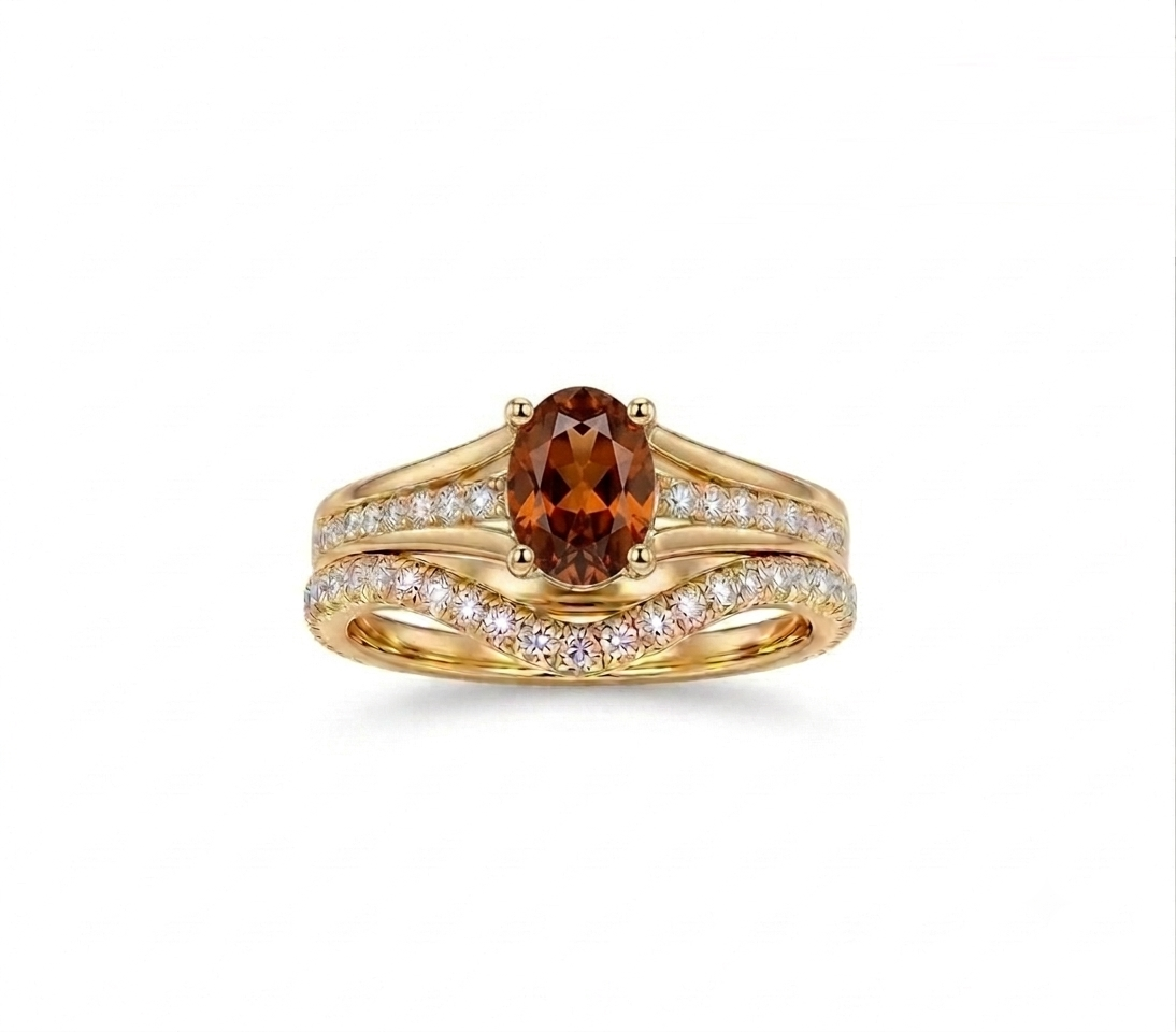 Life Stone natural hessonite ring in 925 sterling silver with gold rhodium plating and diamond accents