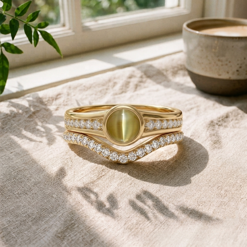 Life Stone natural cat's eye ring in 925 sterling silver with gold rhodium plating and diamond accents