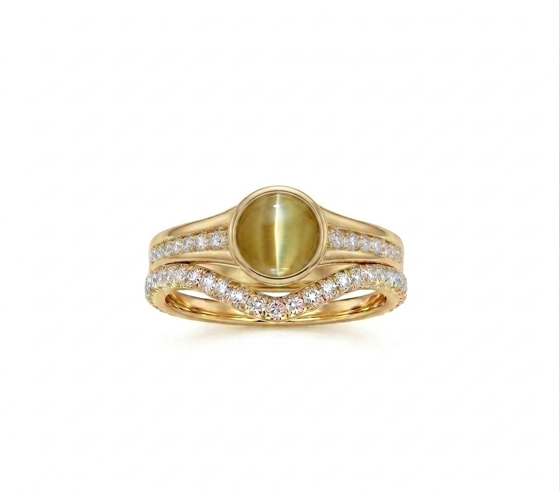Life Stone natural cat's eye ring in 925 sterling silver with gold rhodium plating and diamond accents