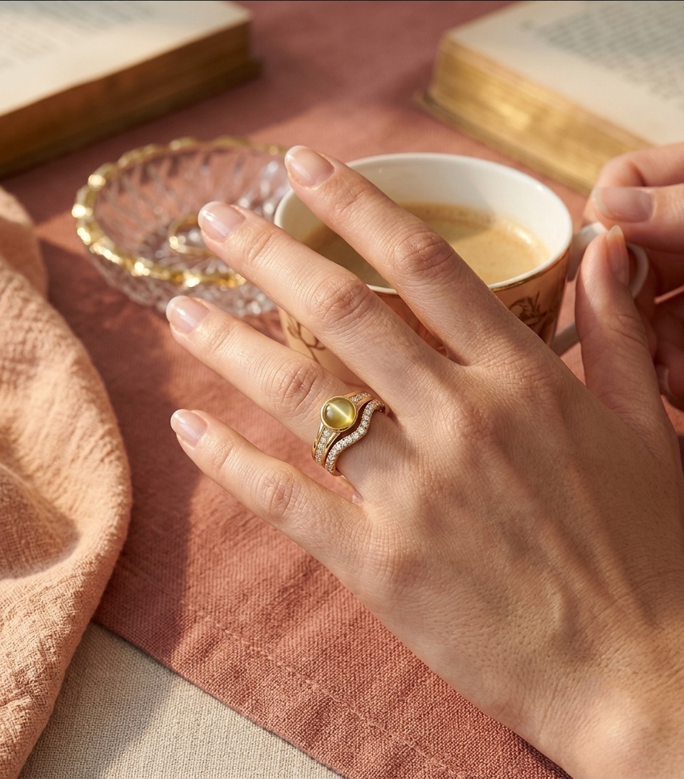 Life Stone natural cat's eye ring in 925 sterling silver with gold rhodium plating and diamond accents