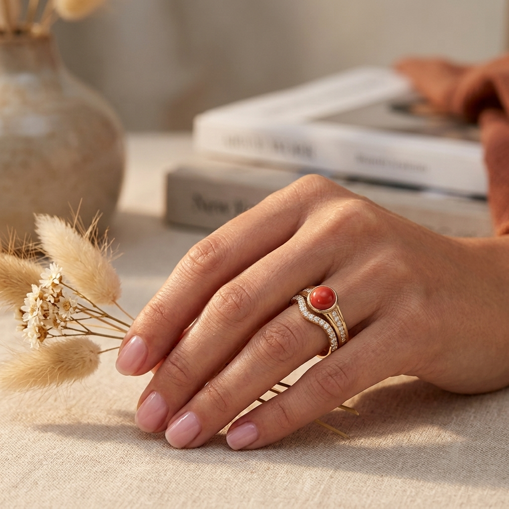 Life Stone natural coral ring in 925 sterling silver with gold rhodium plating and diamond accents