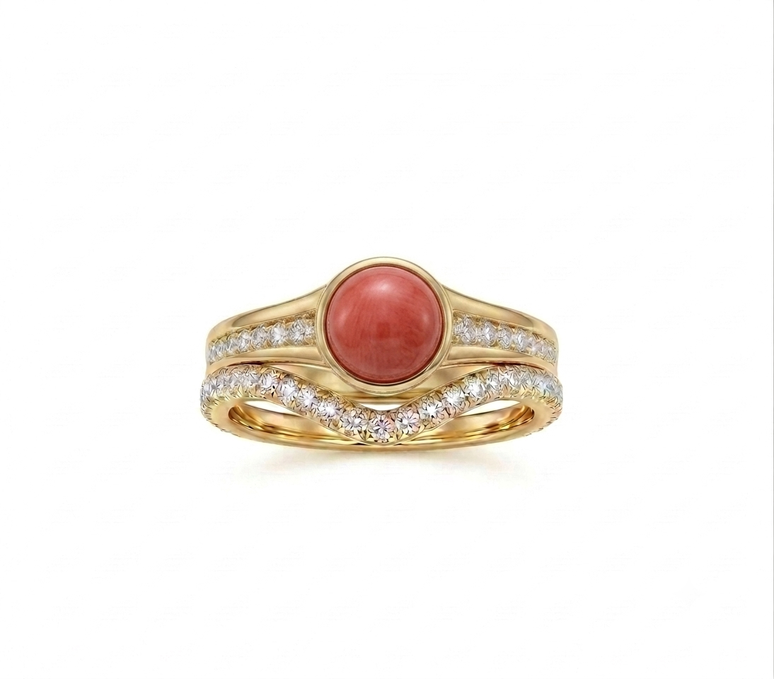 Life Stone natural coral ring in 925 sterling silver with gold rhodium plating and diamond accents