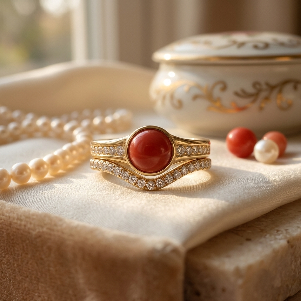 Life Stone natural coral ring in 925 sterling silver with gold rhodium plating and diamond accents