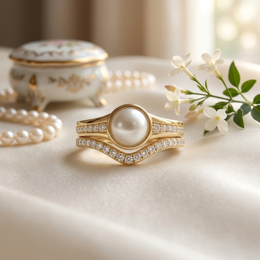 Life Stone natural pearl ring in 925 sterling silver with gold rhodium plating and diamond accents