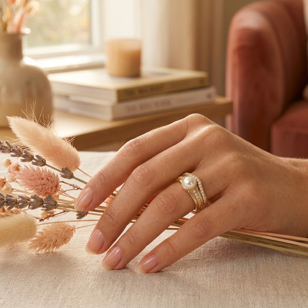 Life Stone natural pearl ring in 925 sterling silver with gold rhodium plating and diamond accents