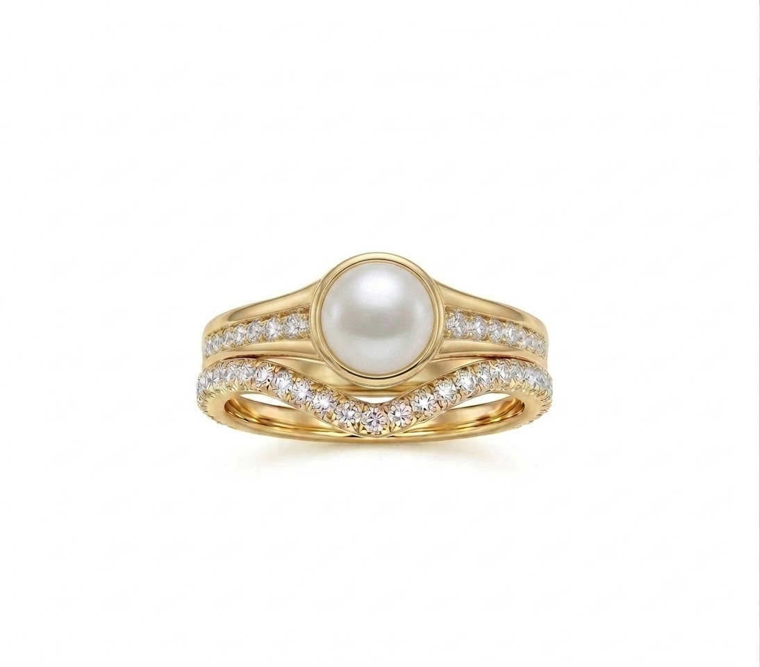 Life Stone natural pearl ring in 925 sterling silver with gold rhodium plating and diamond accents