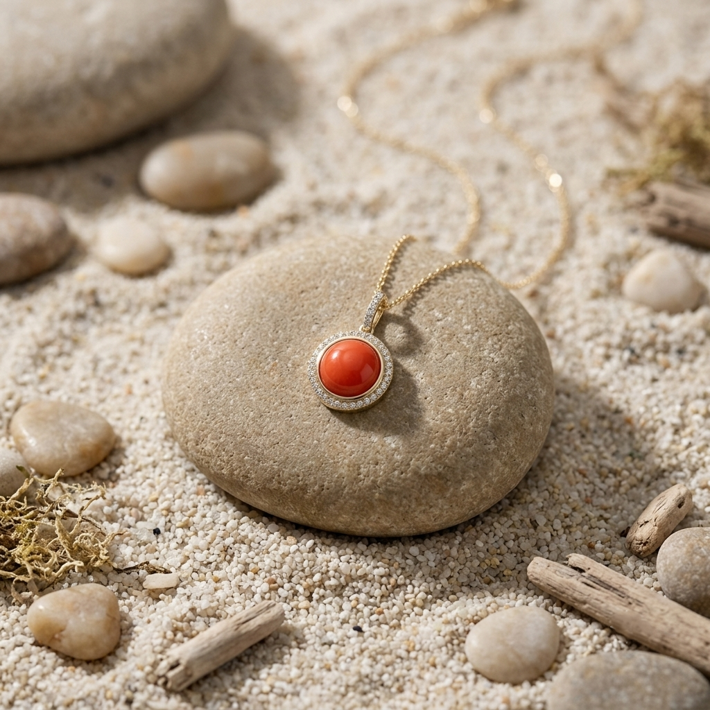 A gold pendant necklace with a round orange-red cabochon stone and a halo of small clear stones, resting on a smooth beige stone over sand with small rocks and driftwood.