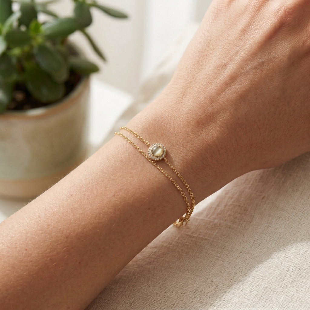 Life Stone natural cat's eye bracelet in 925 sterling silver with gold rhodium plating and diamond accents
