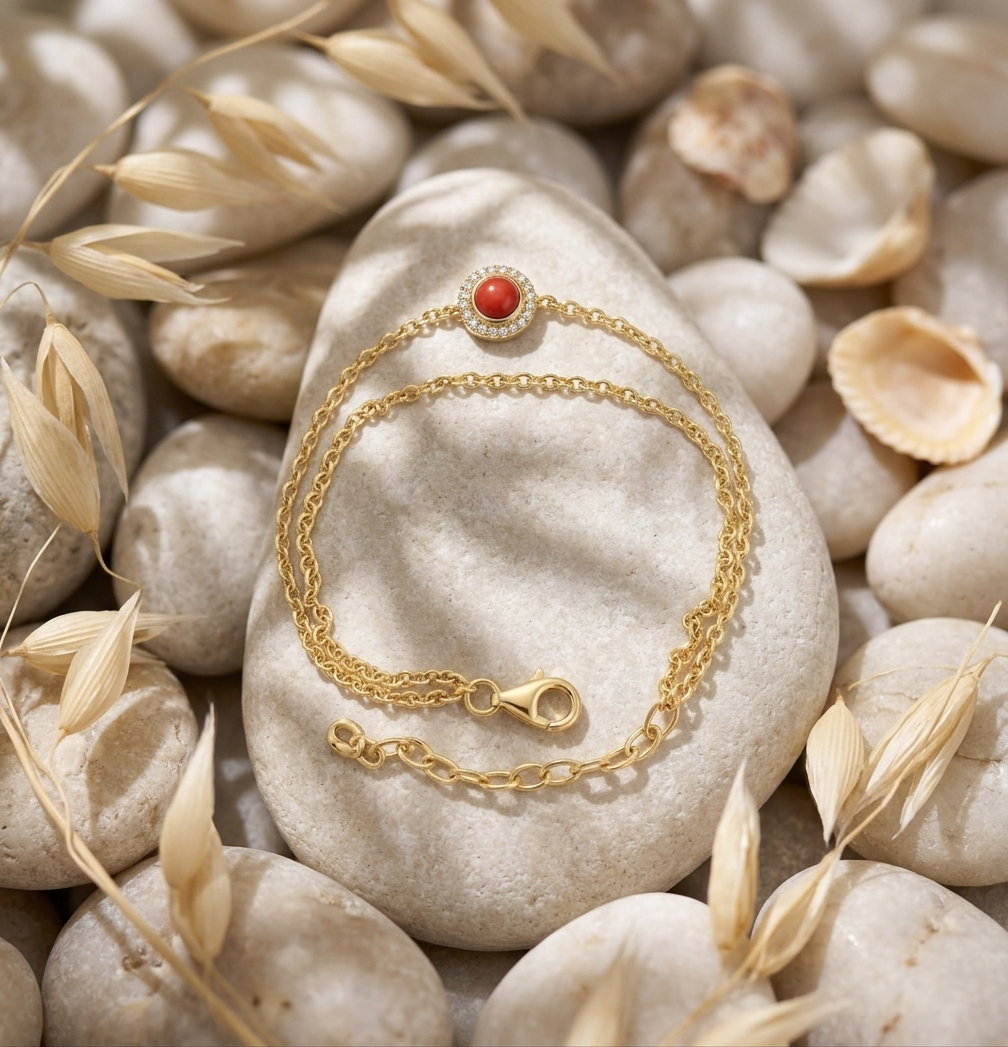 Life Stone natural coral bracelet in 925 sterling silver with gold rhodium plating and diamond accents