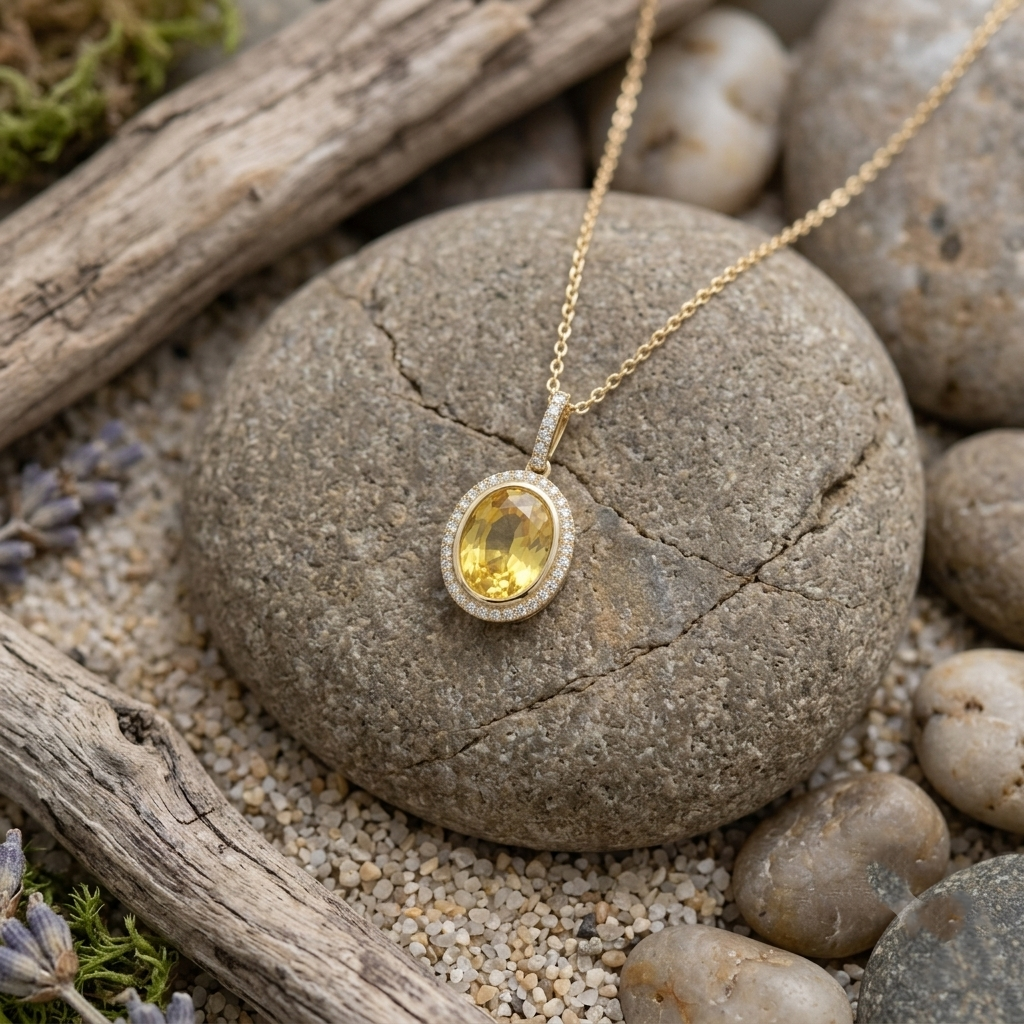 A gold pendant necklace with an oval yellow gemstone and a halo of small clear stones, resting on a large gray stone surrounded by pebbles, sand, driftwood, and lavender sprigs.