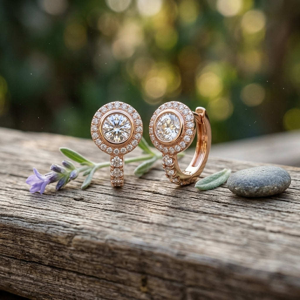 Rose gold hoop earrings with round diamond clusters, displayed on a rustic wooden surface with small purple flowers and a stone against a soft green bokeh background.