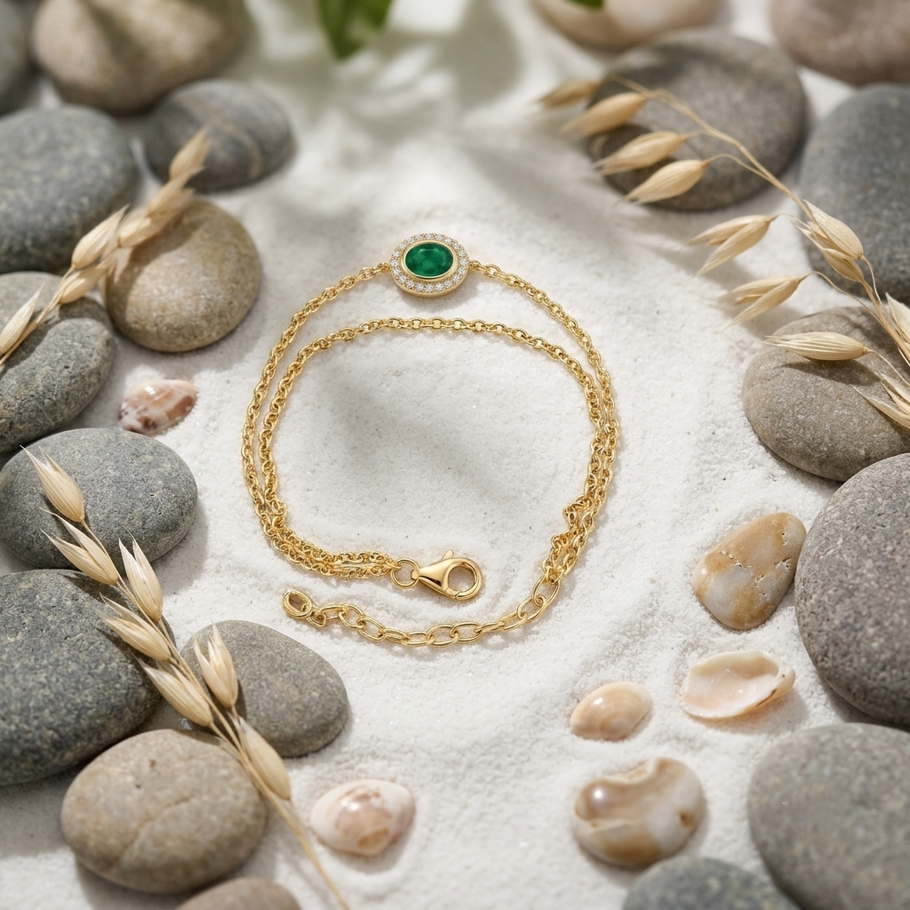Life Stone natural emerald bracelet in 925 sterling silver with gold rhodium plating and diamond accents