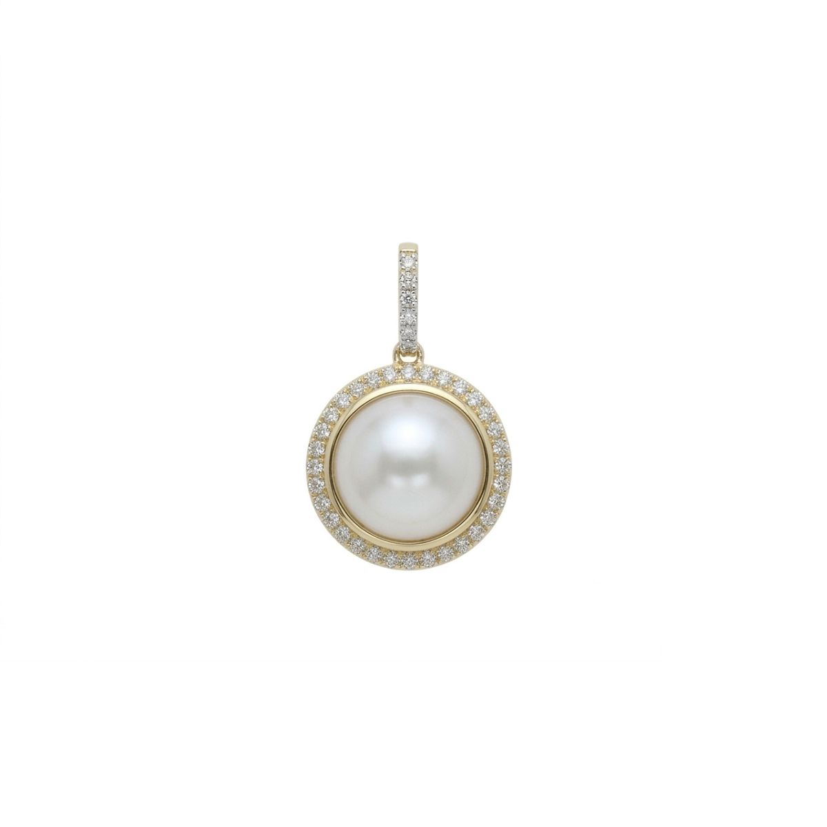 A round pearl pendant with a halo of small clear stones and a gold-toned bail set with additional clear stones, shown on a plain white background.
