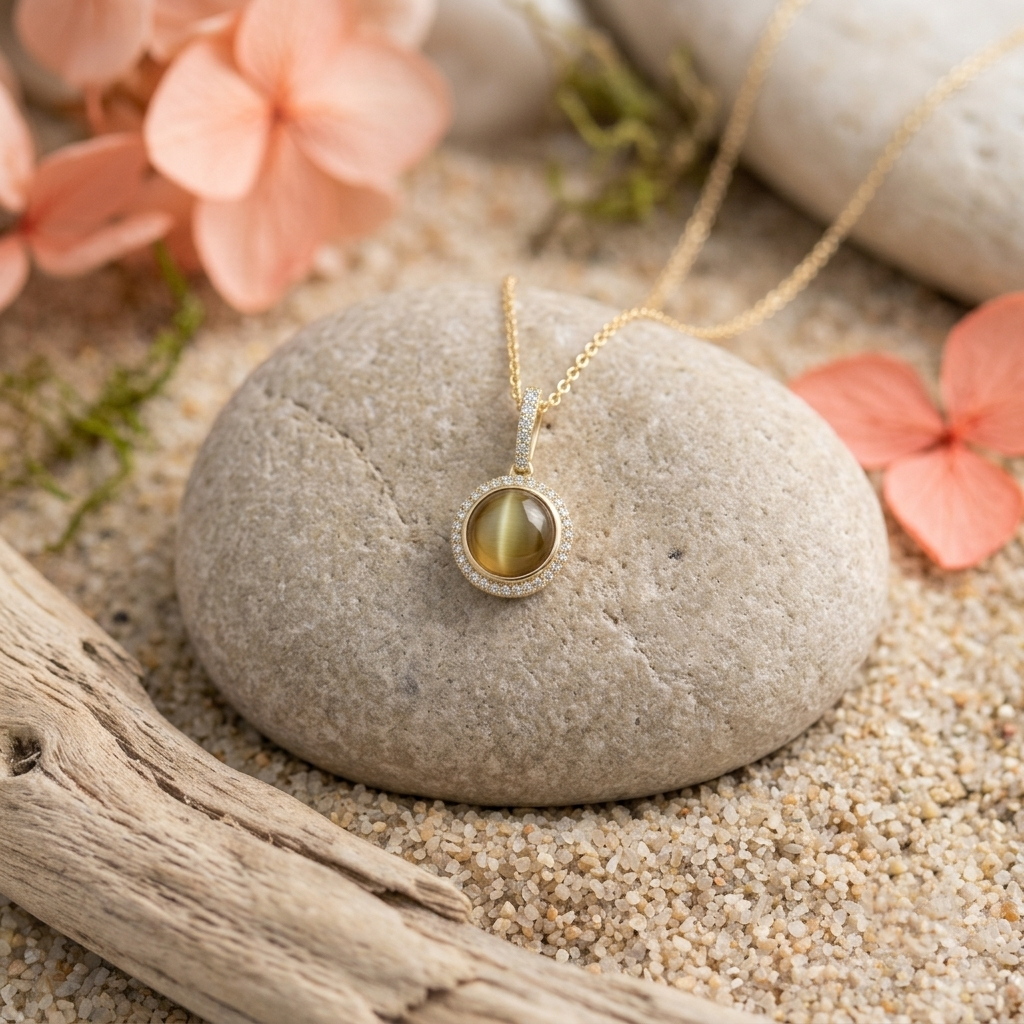 A gold necklace with a round cat's eye pendant resting on a smooth gray stone, surrounded by pink flowers, sand, and driftwood.