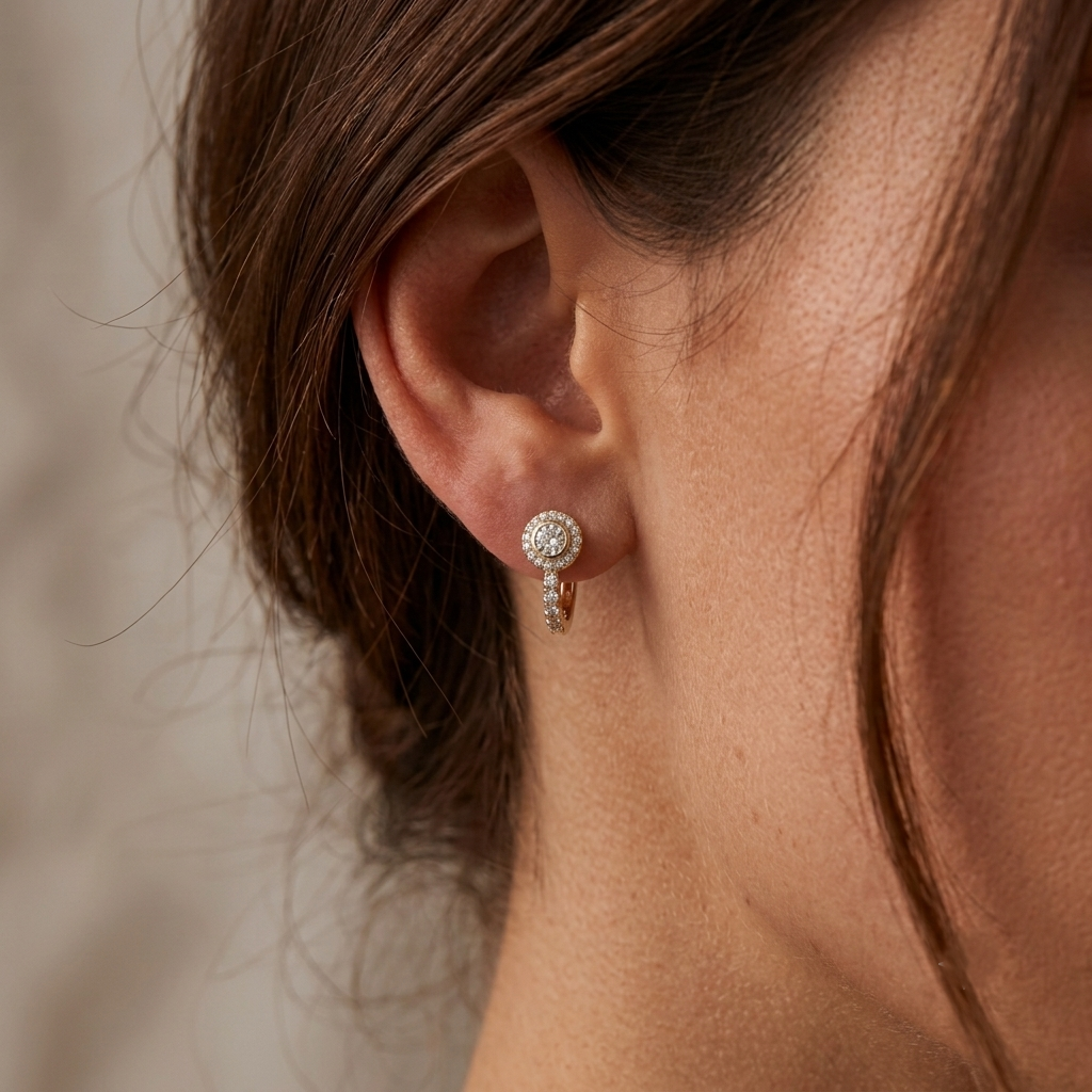 A close-up of a woman's ear wearing a delicate gold hoop earring adorned with a round cluster of clear stones and a small dangling charm.