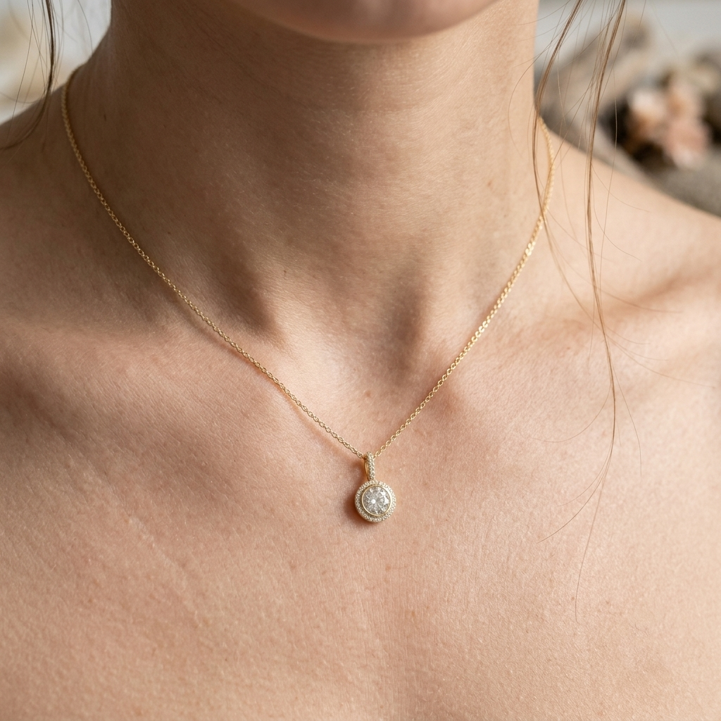 A close-up of a delicate gold chain necklace with a small round pendant worn on a person's neck and upper chest.