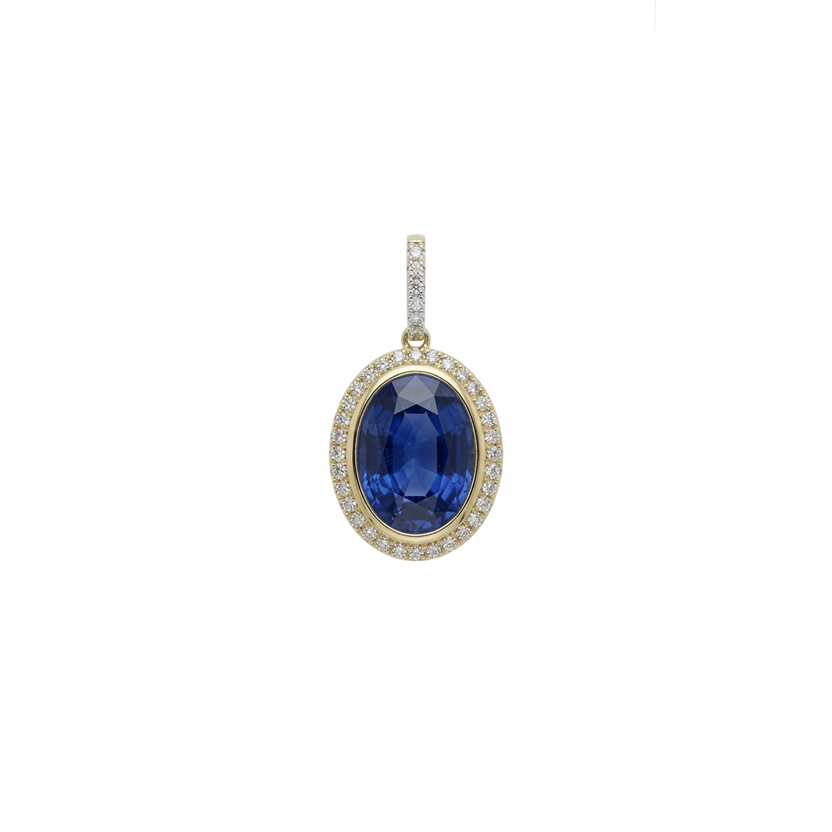 An oval pendant featuring a deep blue sapphire center stone surrounded by a halo of small clear stones, set in yellow gold with a diamond-accented bail, shown on a plain white background.