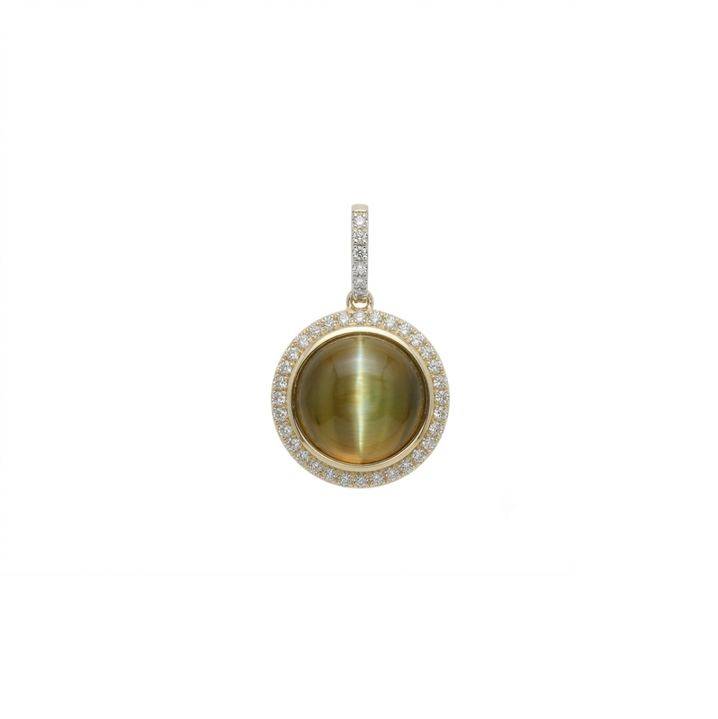  Life Stone natural   cat's eye pendant in 925 sterling silver with gold rhodium plating and diamond accents