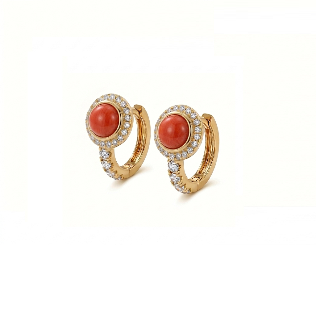 Life Stone natural coral earring in 925 sterling silver with gold rhodium plating and diamond accents