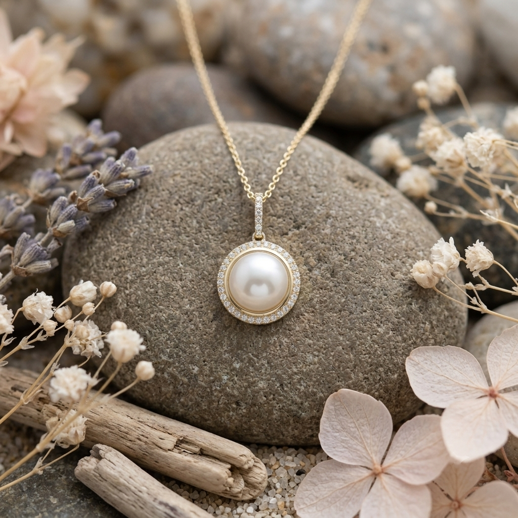  Life Stone natural pearl pendant in 925 sterling silver with gold rhodium plating and diamond accents