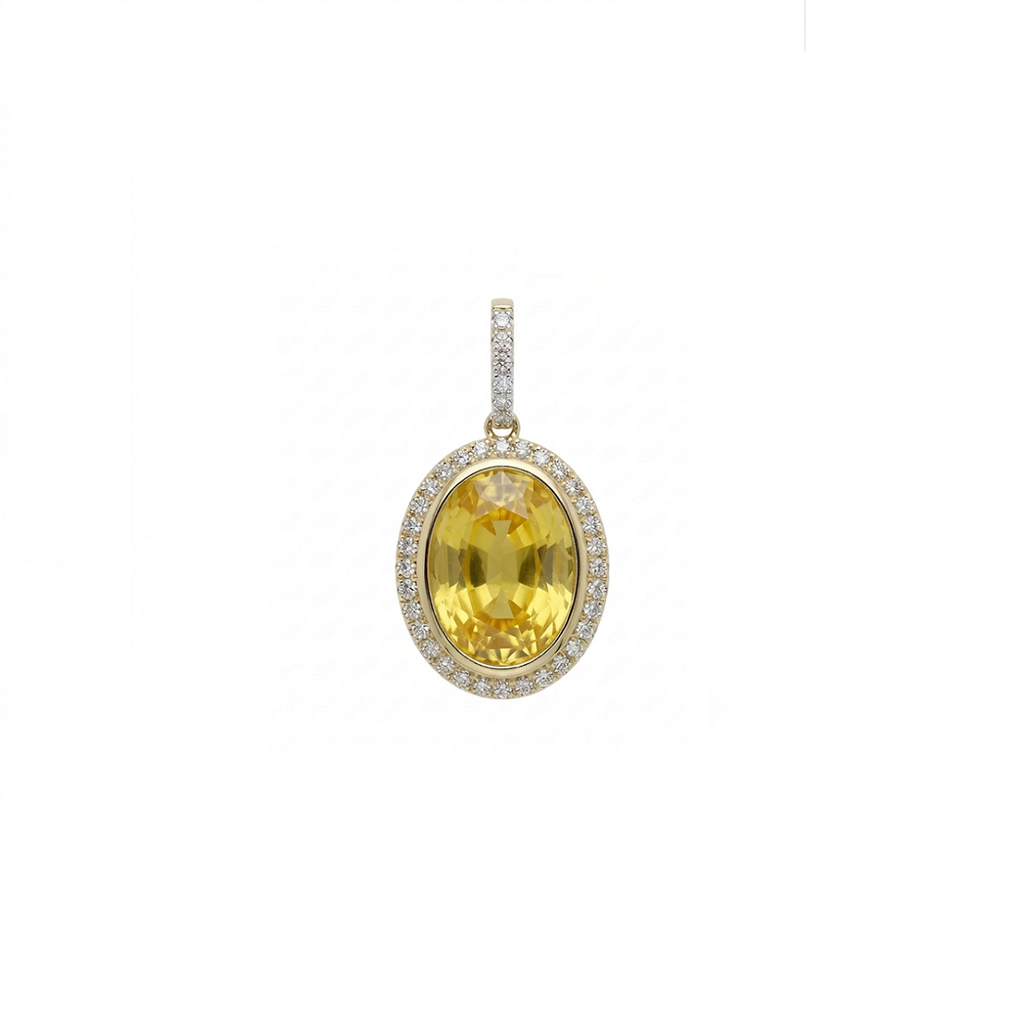 An oval pendant featuring a large yellow gemstone in a gold setting, surrounded by a halo of small clear stones, with a diamond-accented bail at the top, shown on a plain white background.