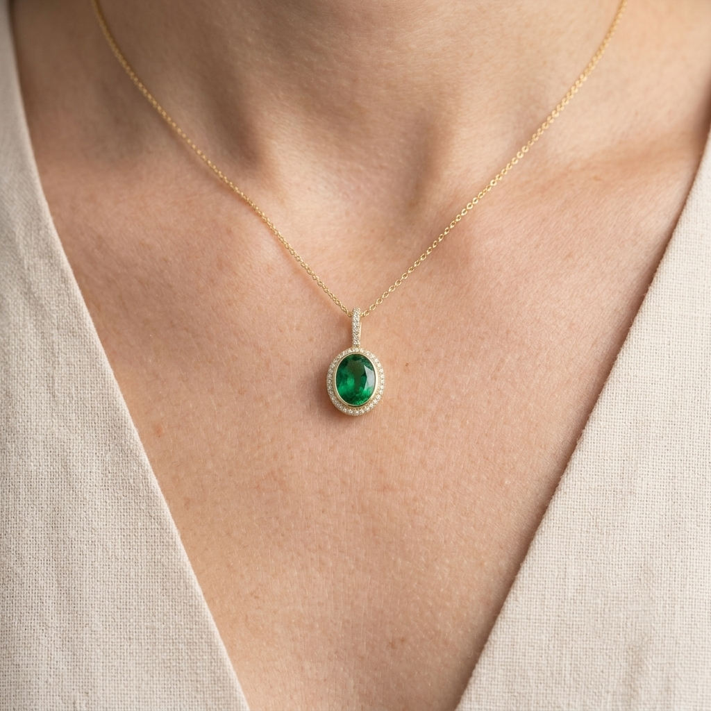A close-up of a person's neck and chest wearing a delicate gold chain necklace with an oval green gemstone pendant surrounded by a halo of small clear stones, paired with a beige V-neck top.