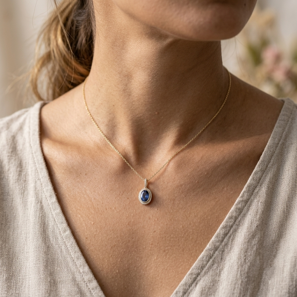 A close-up of a woman wearing a delicate gold chain necklace with a teardrop-shaped blue gemstone pendant, styled with a beige linen top.